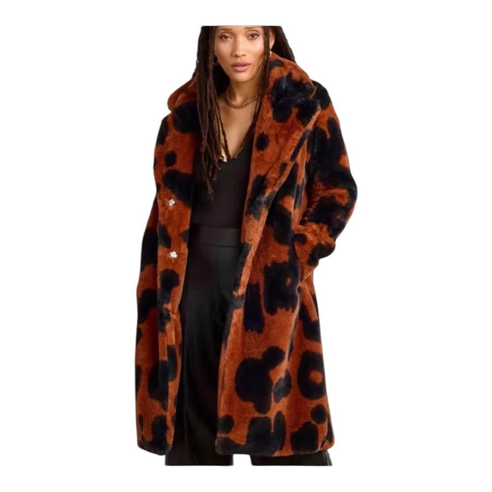 Stoosh Cowhide‎ Print Faux Fur Coat in Black & Brown, Size S